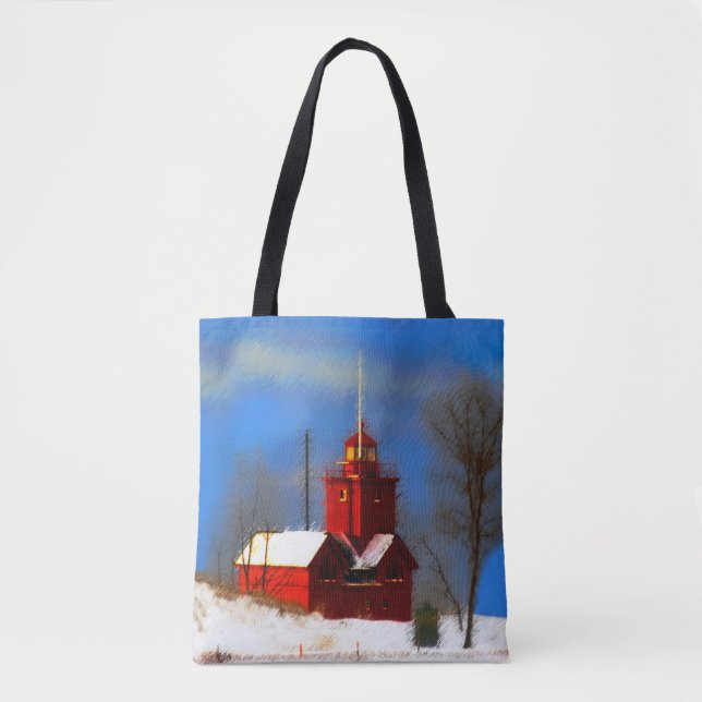 Bolsa Tote Pintura do Farol Vermelho Grande - Arte Original (Frente)