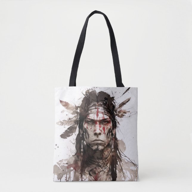 Bolsa Tote Pintura do Guerreiro de Retratos Indiano Nativo (Frente)