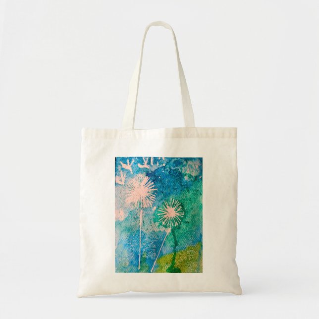 Bolsa Tote Pintura em aquarela de dente-de-leão abstrata azul (Frente)