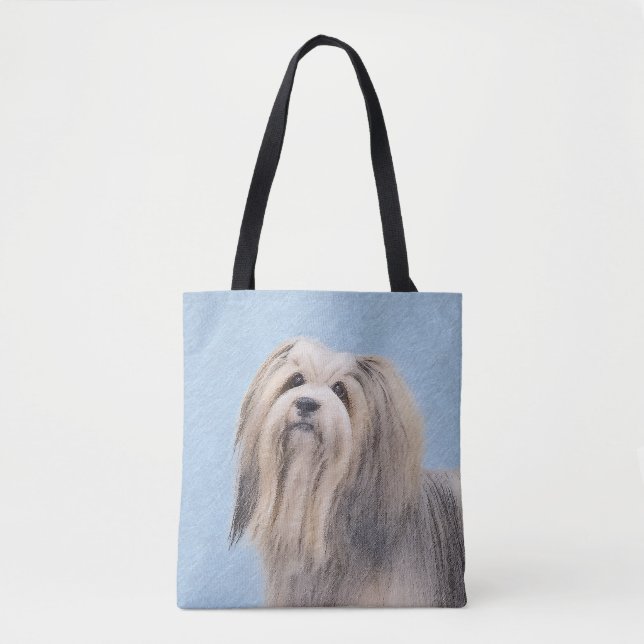 Bolsa Tote Pintura em Havanês (Prata) - Arte Canina Original (Frente)