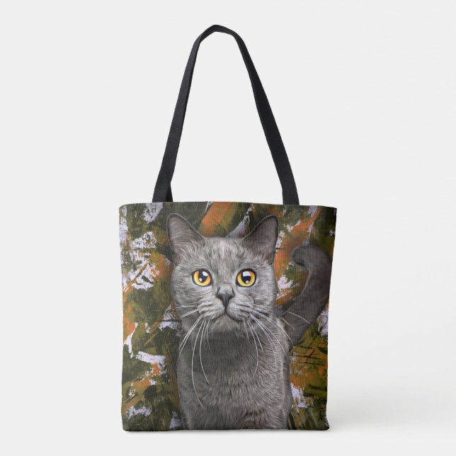 Bolsa Tote Pintura em Retrato de Gato Curto Britânico de Cinz (Verso)