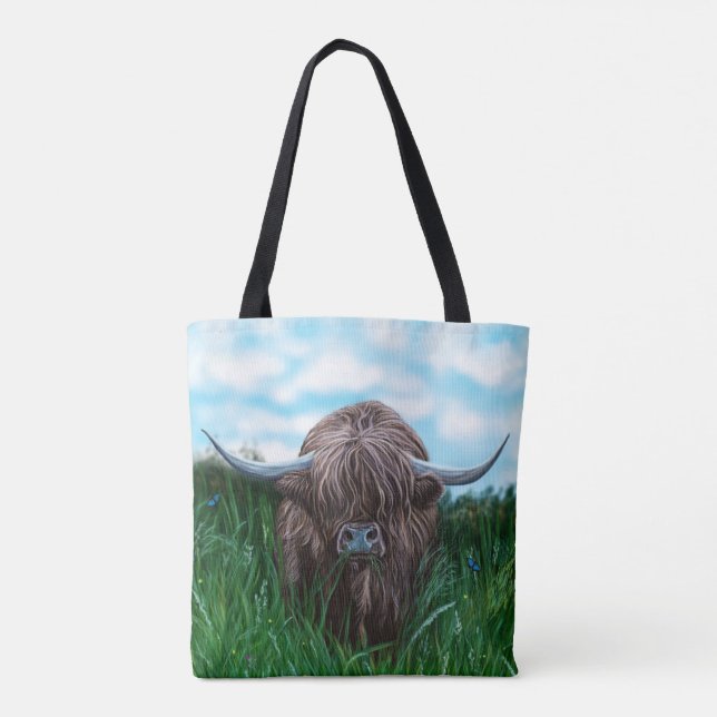 Bolsa Tote Pintura escocesa da vaca das montanhas (Verso)
