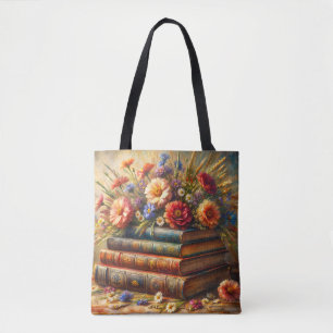 Bolsa Tote Pintura Floral da Pilha de Livros