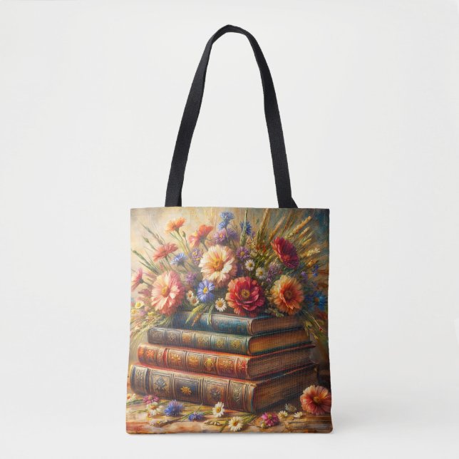 Bolsa Tote Pintura Floral da Pilha de Livros (Frente)