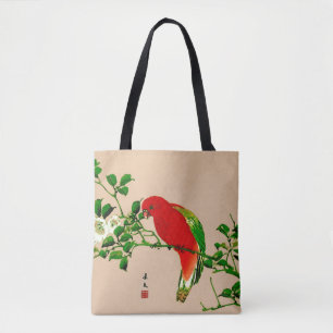 Bolsa Tote Pintura japonesa de papagaio, vermelho e verde