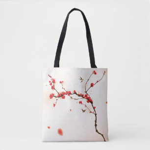 Bolsa Tote Pintura oriental do estilo, flor da ameixa no