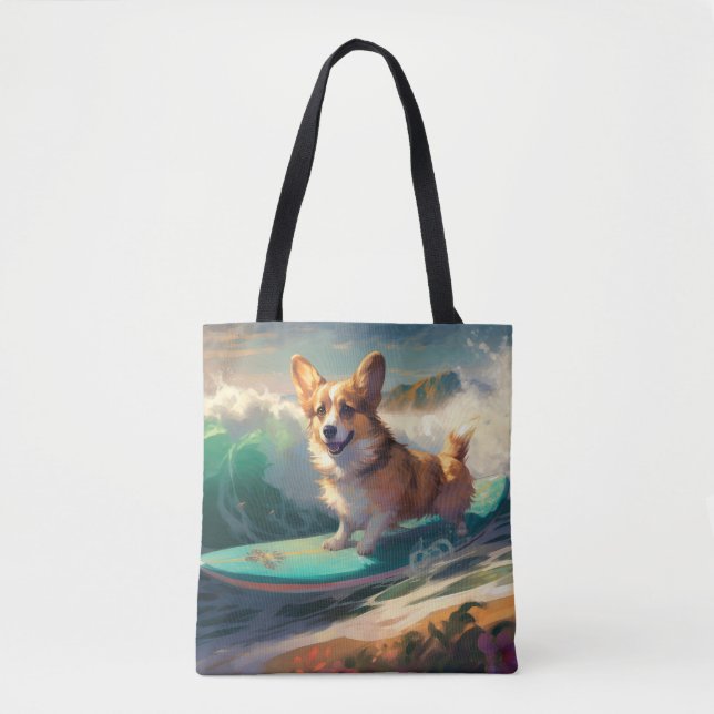 Bolsa Tote Pintura para surfar na praia de Corgi (Frente)