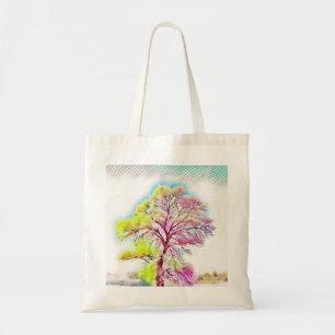 Bolsa Tote Pintura verde, rosa, azul, amarela, de uma árvore