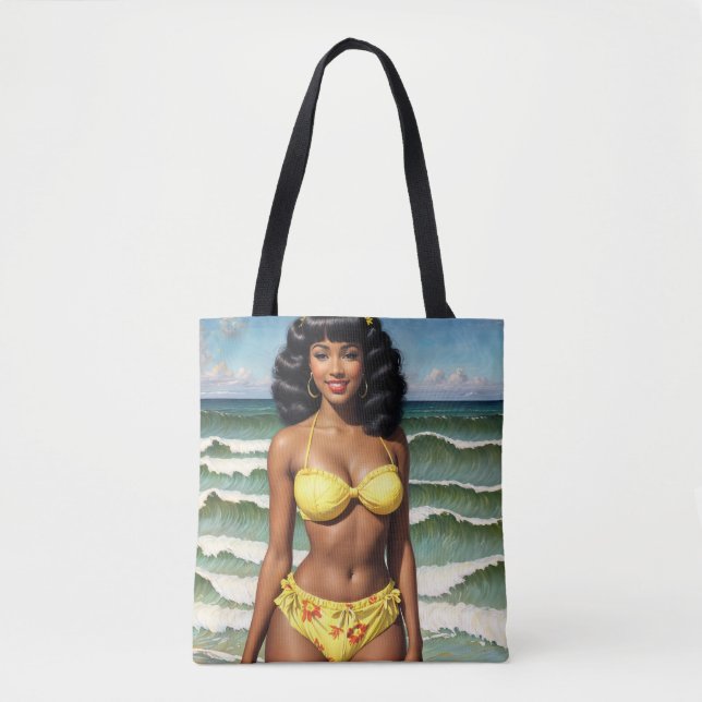 Bolsa Tote Pinup African American In Yellow Bikini Art (Frente)