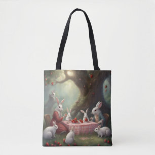 Bolsa Tote Piquenique da Família Coelho sob uma árvore fazend