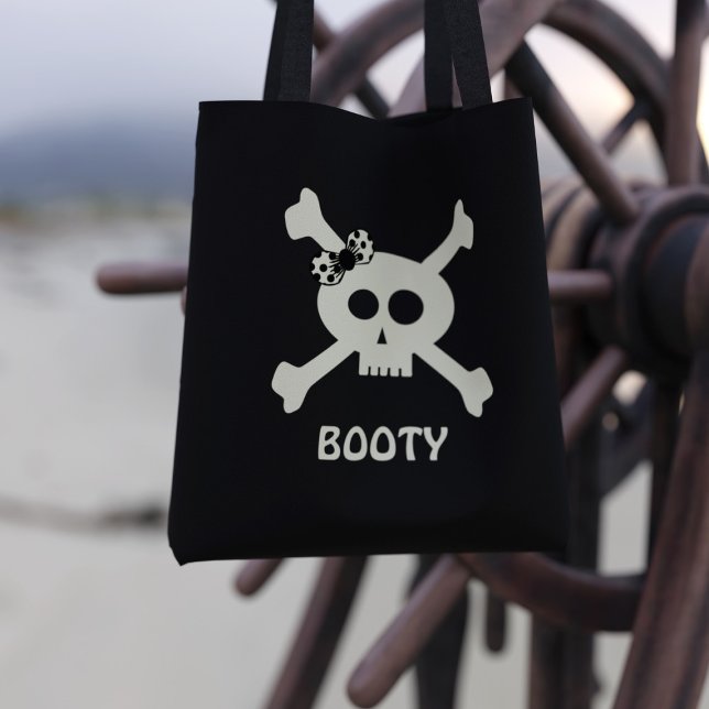Bolsa Tote Pirata Crânio Cruzado Nome Preto (Cute Pirate Skull Crossbones Black Tote Bag with space for your name)