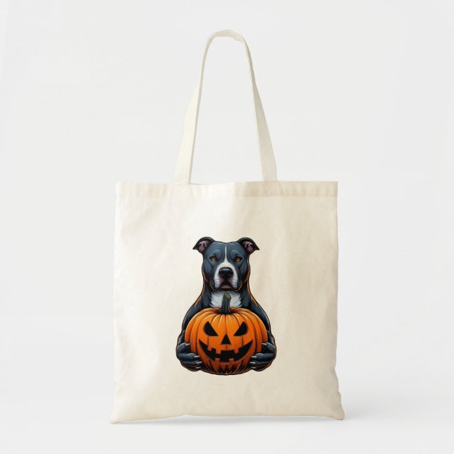 Bolsa Tote Pitbull Halloween - Segurando Jack O Lantern (Frente)