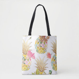 Bolsa Tote PixDezines Aloha Abacaxi+Floral Aquarela