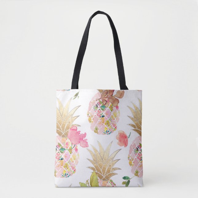Bolsa Tote PixDezines Aloha Abacaxi+Floral Aquarela (Frente)