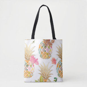 Bolsa Tote PixDezines Aloha Abacaxi+Floral Aquarela