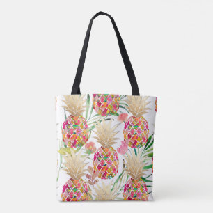 Bolsa Tote PixDezines Aloha Abacaxi+Folhas de Palmeira Aquare