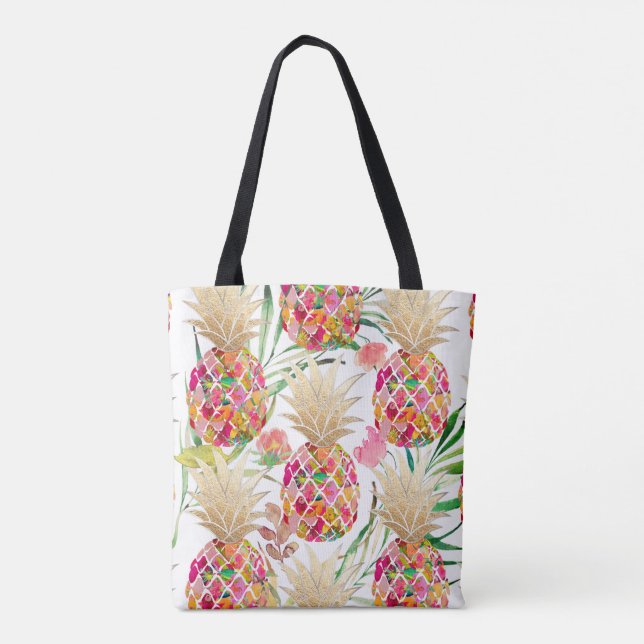 Bolsa Tote PixDezines Aloha Abacaxi+Palma Fronteira Aquarela (Verso)