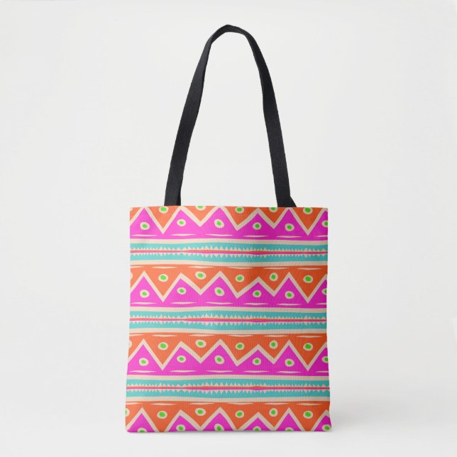 Bolsa Tote PixDezines Aztec Padrão/Rosa Quente/Laranja (Frente)