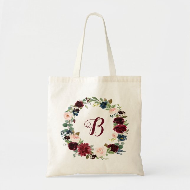 Bolsa Tote PixDezines H2 Blush Burgundy Marinho Flores Bridal (Frente)