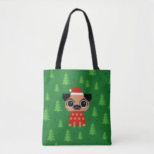 Bolsa Tote Pixel Pug Feriado de Natal Gelado