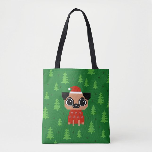 Bolsa Tote Pixel Pug Feriado de Natal Gelado (Frente)