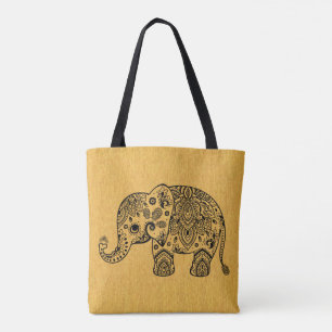 Bolsa Tote Plack Paisley Elephant Em Textura Dourada