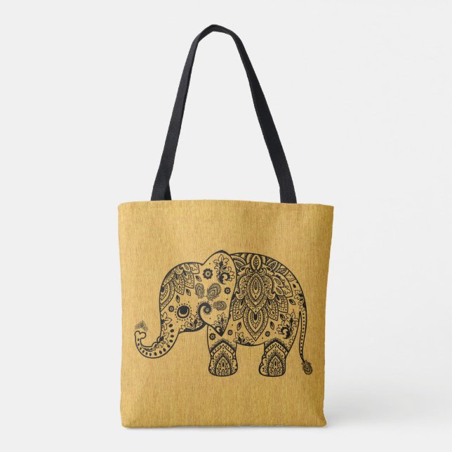 Bolsa Tote Plack Paisley Elephant Em Textura Dourada (Verso)