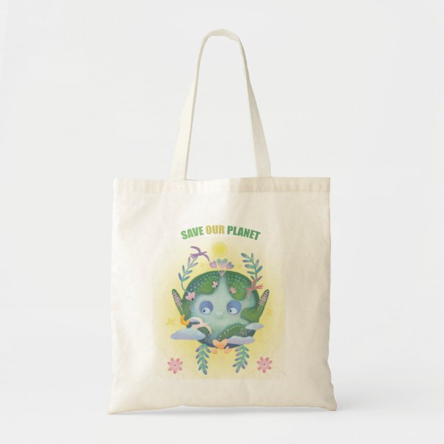 Bolsa Tote planeta fofo do dia da Terra (Frente)