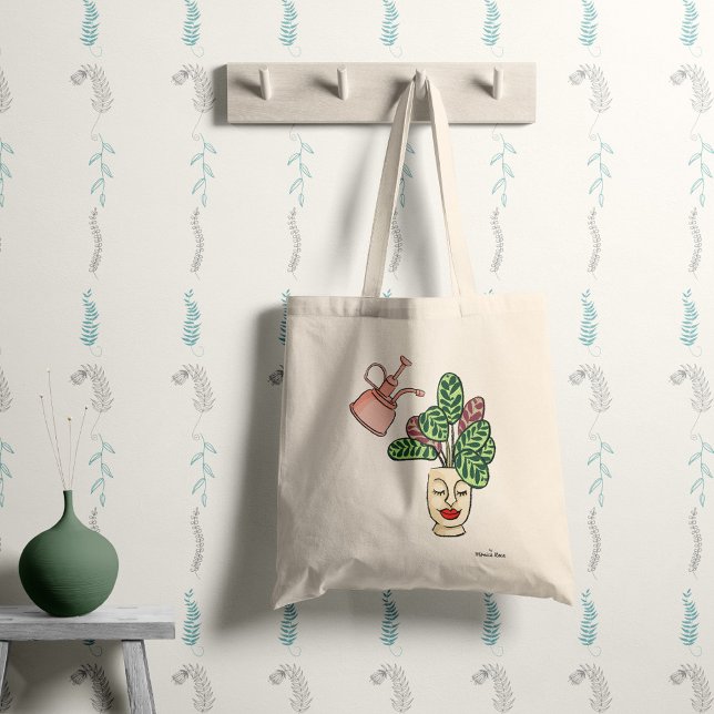 Bolsa Tote Planta de Casa Divertida e Fofa com o seu nome (Tote bag with fun illustrated plant and customizable with your name)