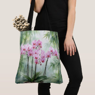 Bolsa Tote Planta de Orquídea Rosa em Fundo de Bambu