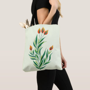 Bolsa Tote Planta verde do primavera com botões alaranjados