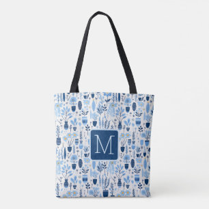 Bolsa Tote Plantas Azul, Branco e Amarelo Bloco de Cor Monogr