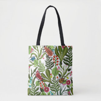 Bolsa Tote Plantas decorativas e insetos: Design sem costura.