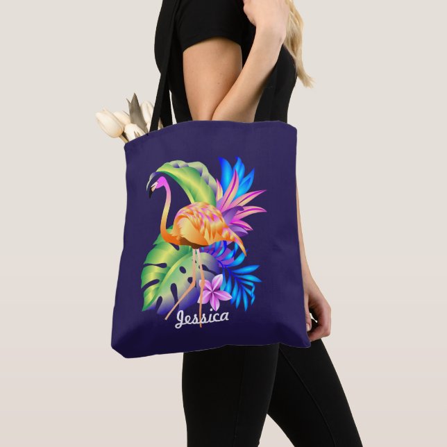 Bolsa Tote Plantas Tropicais e Flamingo Personalizadas (Close Up)