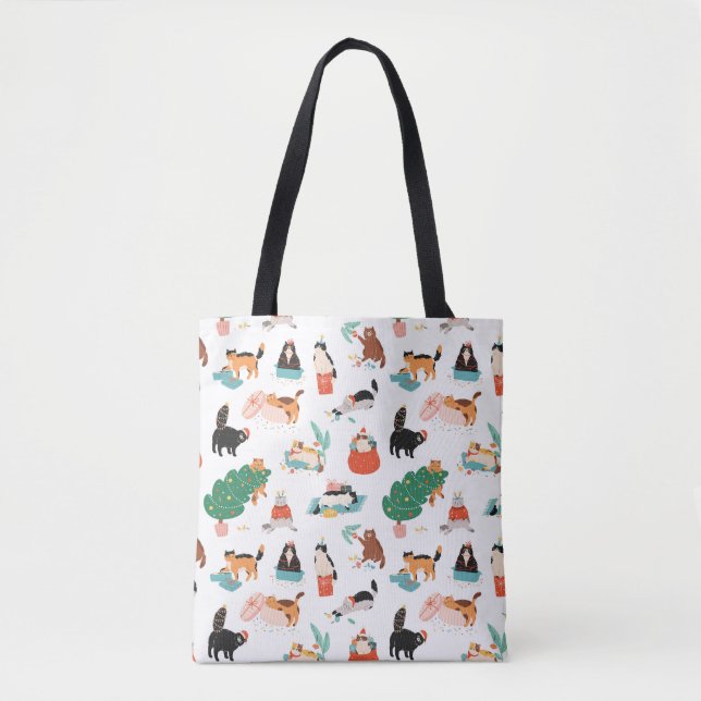 Bolsa Tote Playful Cats e o padrão das árvores de Natal (Frente)