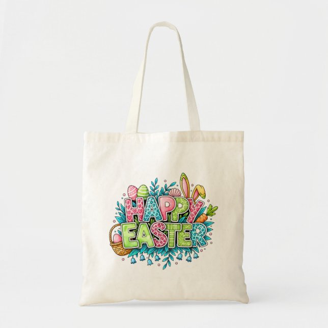 Bolsa Tote Playful Easter Artwork With Bunny Ears and Florals (Frente)