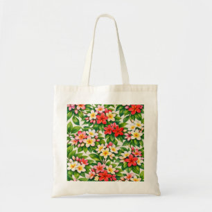 Bolsa Tote Plumeria Tropical Floral Rosa Vermelho e Branco