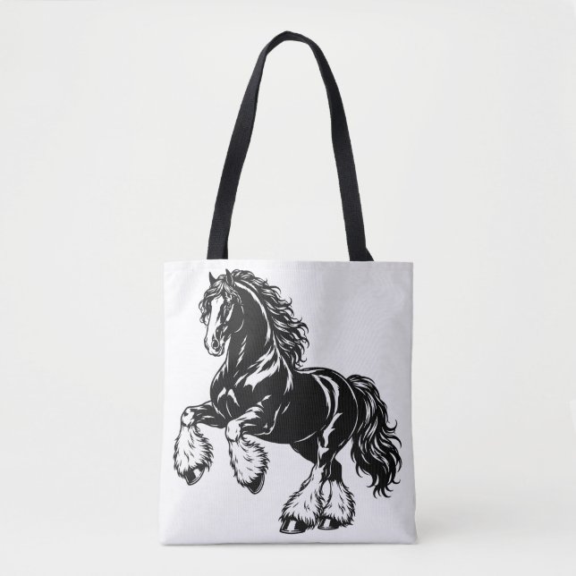 Bolsa Tote Poderosa Ilustração de Cavalo Shire Preto e Branco (Frente)