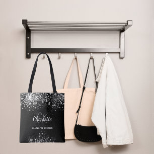 Bolsa Tote Poeira brilhante prateada preta monograma iniciais