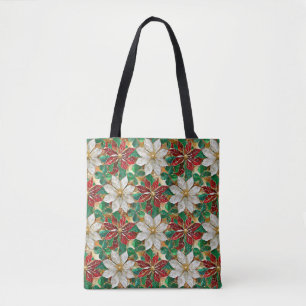 Bolsa Tote Poinsétia Branco Vermelho Verde Dourado