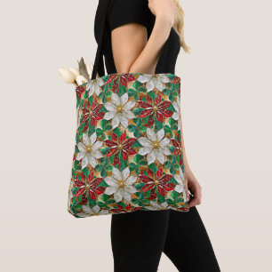 Bolsa Tote Poinsétia Branco Vermelho Verde Dourado