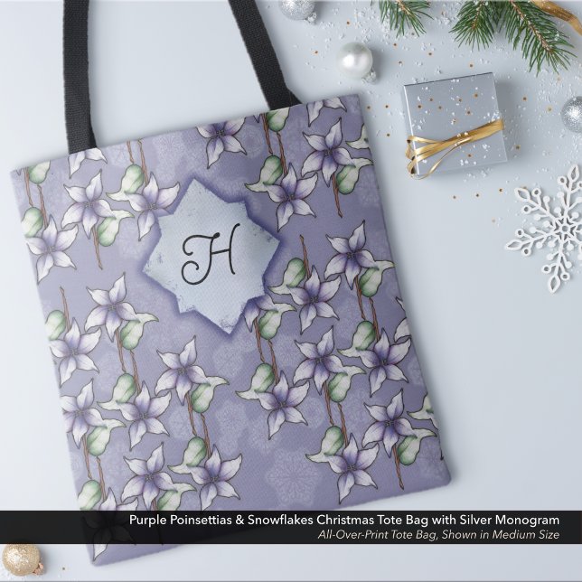Bolsa Tote Poinsetos roxos e flocos de neve Monograma de Nata (Purple Poinsettias & Snowflakes Christmas Tote Bag  with Silver Monogram)