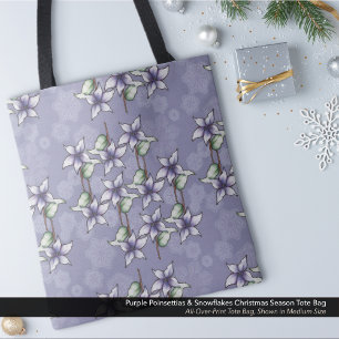 Bolsa Tote Poinsetos roxos e flocos de neve no Natal