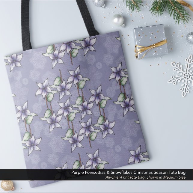 Bolsa Tote Poinsetos roxos e flocos de neve no Natal (Purple Poinsettias & Snowflakes Tote Bag for Christmas and the Winter Season.)