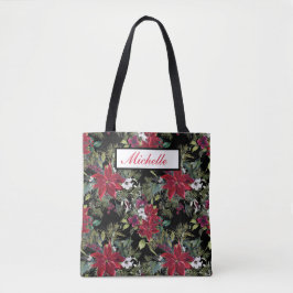 Bolsa Tote Poinsetos vermelhos e flores brancas em preto
