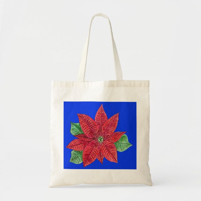 Bolsa Tote Poinsettia Tote Bag, Fundo Azul (Frente)