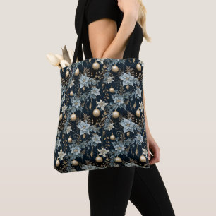 Bolsa Tote Poinsettias de Enfeites de natal azuis e Dourados