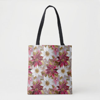 Bolsa Tote Poinsettias de Natal Rosa Douradas Brancas