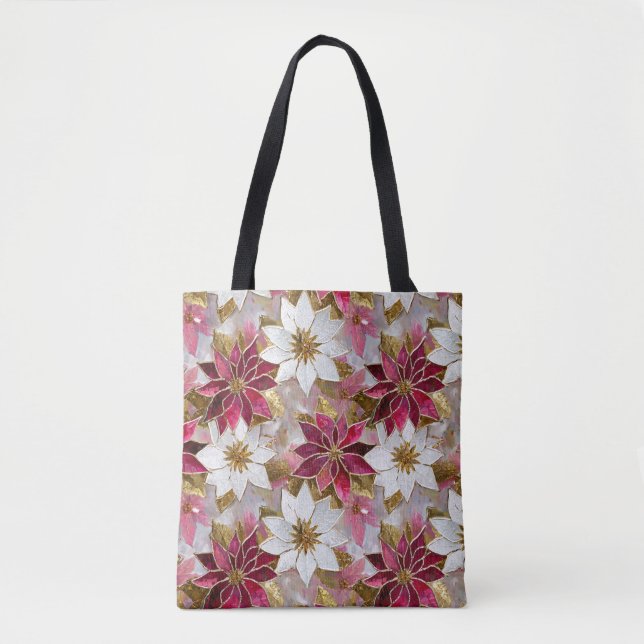 Bolsa Tote Poinsettias de Natal Rosa Douradas Brancas (Frente)