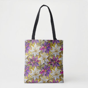 Bolsa Tote Poinsettias de Natal Rosa-Rosa Dourada Branca